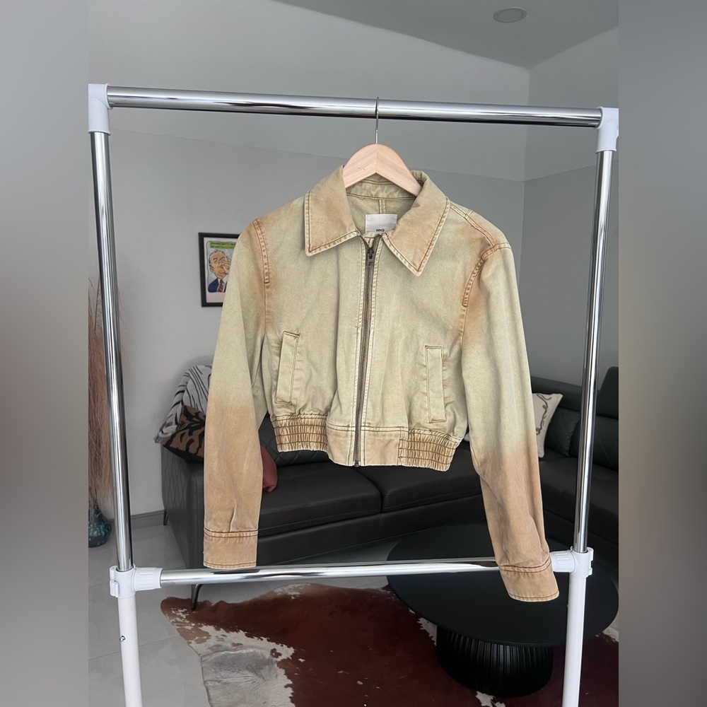 Mango washed beige tan Bomber jacket Sz S - Picture 9 of 9